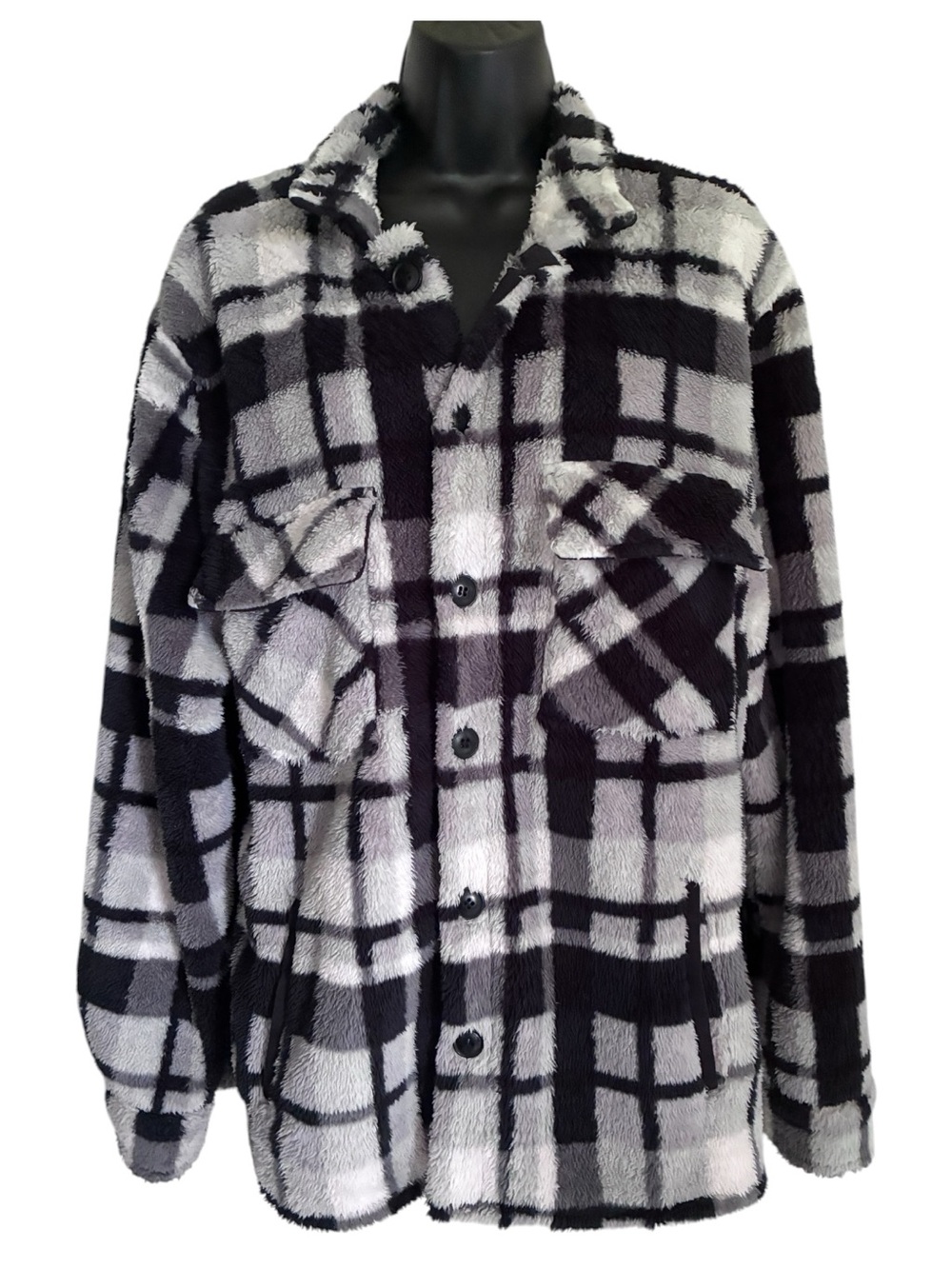 PacSun Unisex Oversized Black & Gray Plaid Fleece Cozy Trucker Shacket Sz S